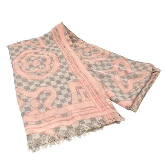 LOUIS VUITTON Vintage Damier Azur Tahitienne Logo Scarf Wrap Pink Gray [105046] - Picture 4 of 11